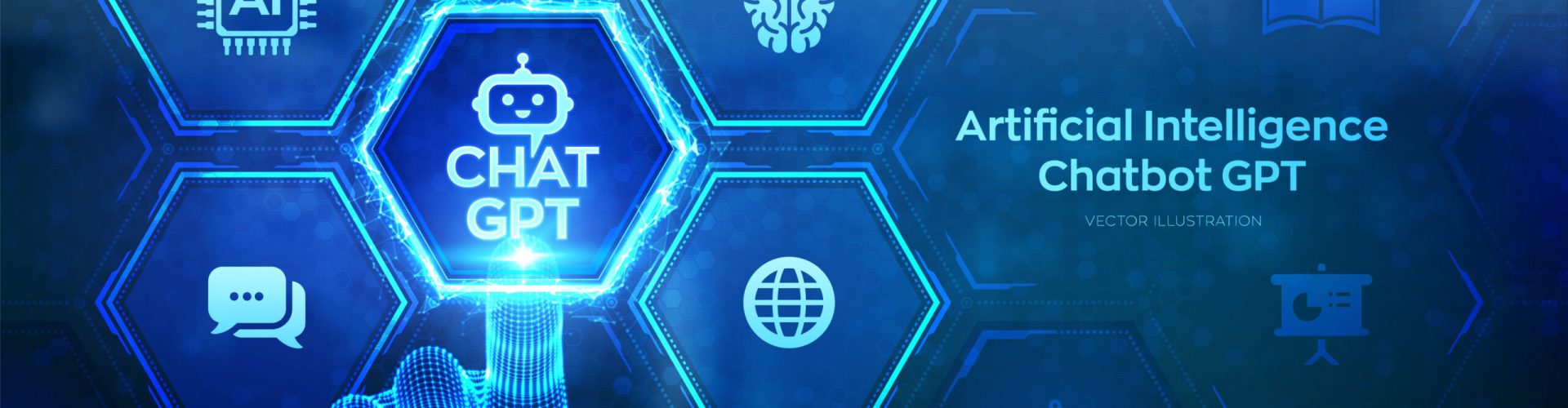 ChatGPT. Chat GPT Chatbot with AI Artificial Intelligence. Software automation technology, customer support center for online business. Wireframe hand touching digital interface. Vector illustration